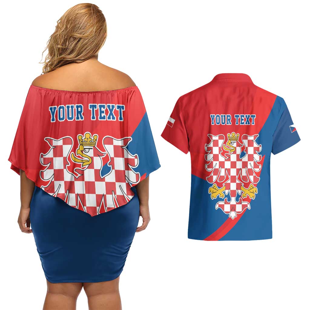 Personalized Coat of Arms of Moravia Couples Matching Off Shoulder Short Dress and Hawaiian Shirt Gold-crowned White Red Checkered Eagle