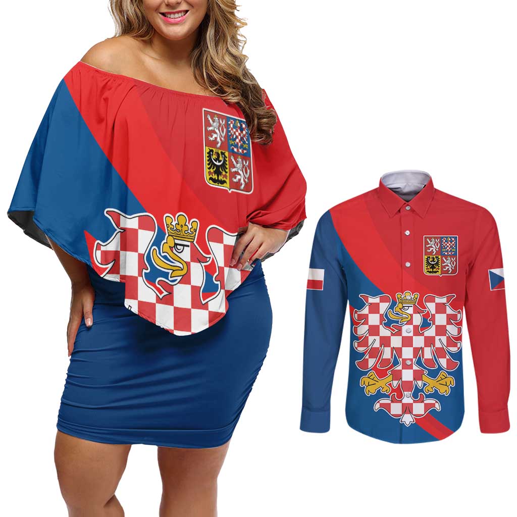Personalized Coat of Arms of Moravia Couples Matching Off Shoulder Short Dress and Long Sleeve Button Shirt Gold-crowned White Red Checkered Eagle