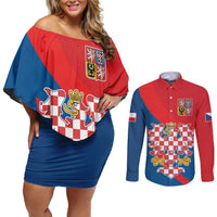 Personalized Coat of Arms of Moravia Couples Matching Off Shoulder Short Dress and Long Sleeve Button Shirt Gold-crowned White Red Checkered Eagle