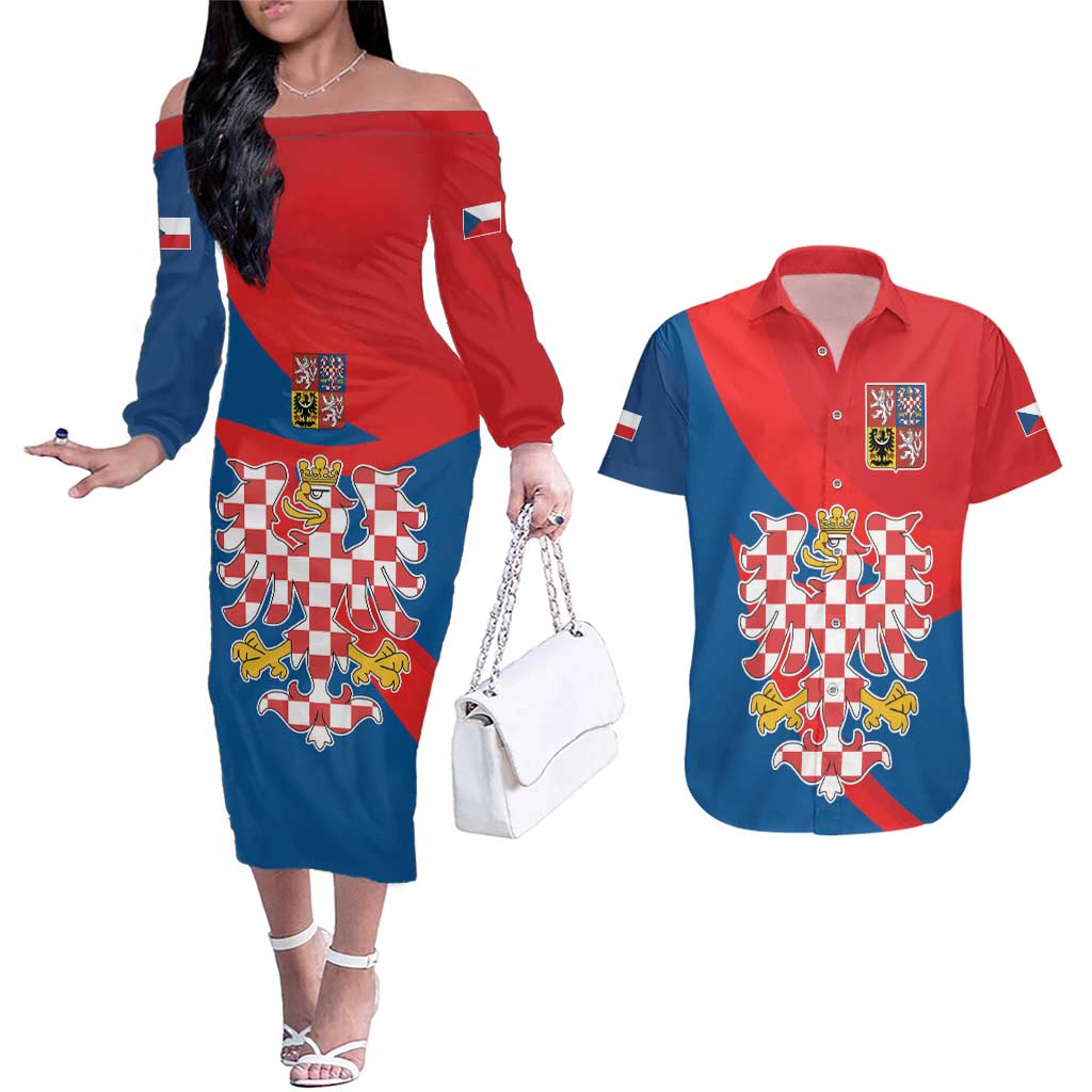 Personalized Coat of Arms of Moravia Couples Matching Off The Shoulder Long Sleeve Dress and Hawaiian Shirt Gold-crowned White Red Checkered Eagle
