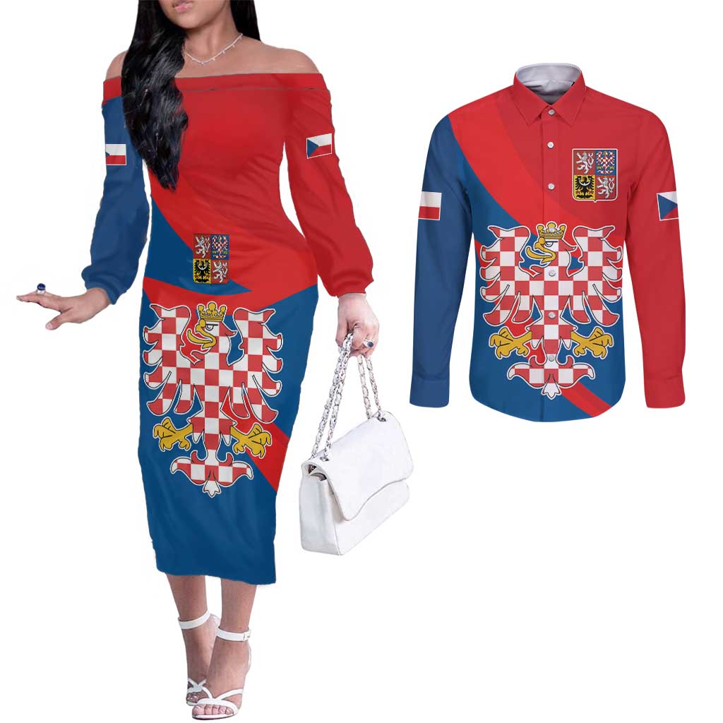 Personalized Coat of Arms of Moravia Couples Matching Off The Shoulder Long Sleeve Dress and Long Sleeve Button Shirt Gold-crowned White Red Checkered Eagle
