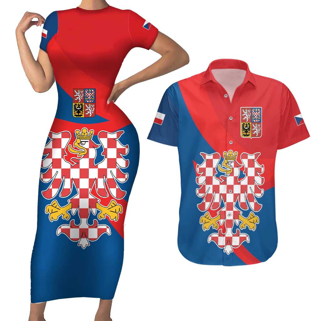Personalized Coat of Arms of Moravia Couples Matching Short Sleeve Bodycon Dress and Hawaiian Shirt Gold-crowned White Red Checkered Eagle