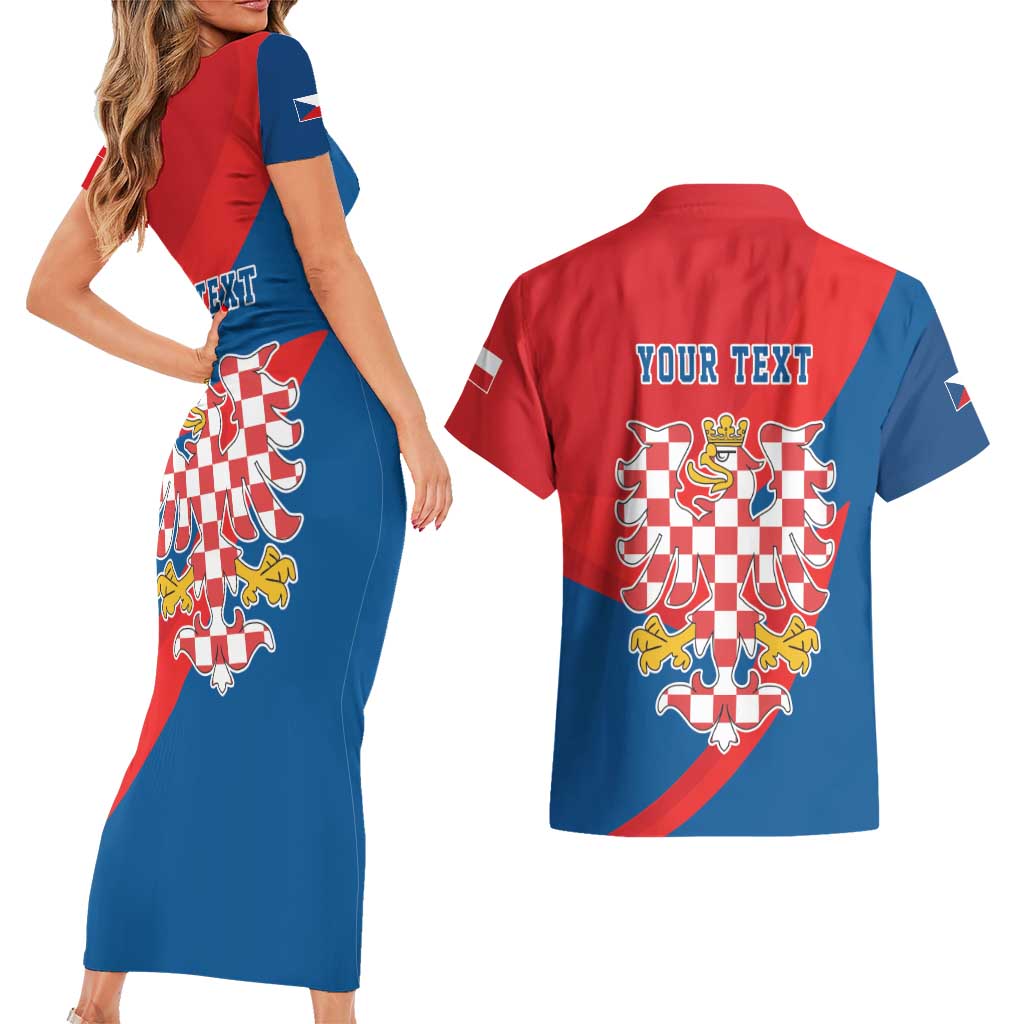 Personalized Coat of Arms of Moravia Couples Matching Short Sleeve Bodycon Dress and Hawaiian Shirt Gold-crowned White Red Checkered Eagle