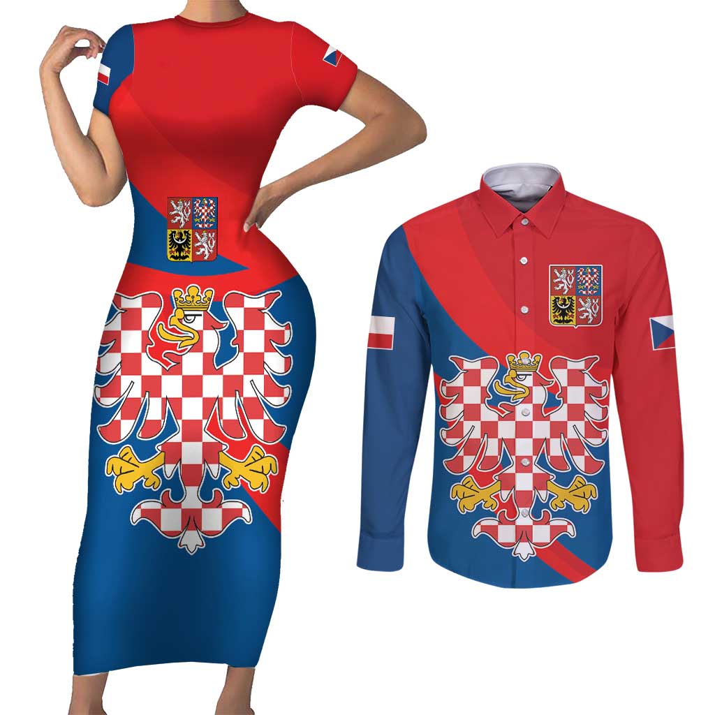Personalized Coat of Arms of Moravia Couples Matching Short Sleeve Bodycon Dress and Long Sleeve Button Shirt Gold-crowned White Red Checkered Eagle
