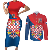 Personalized Coat of Arms of Moravia Couples Matching Short Sleeve Bodycon Dress and Long Sleeve Button Shirt Gold-crowned White Red Checkered Eagle