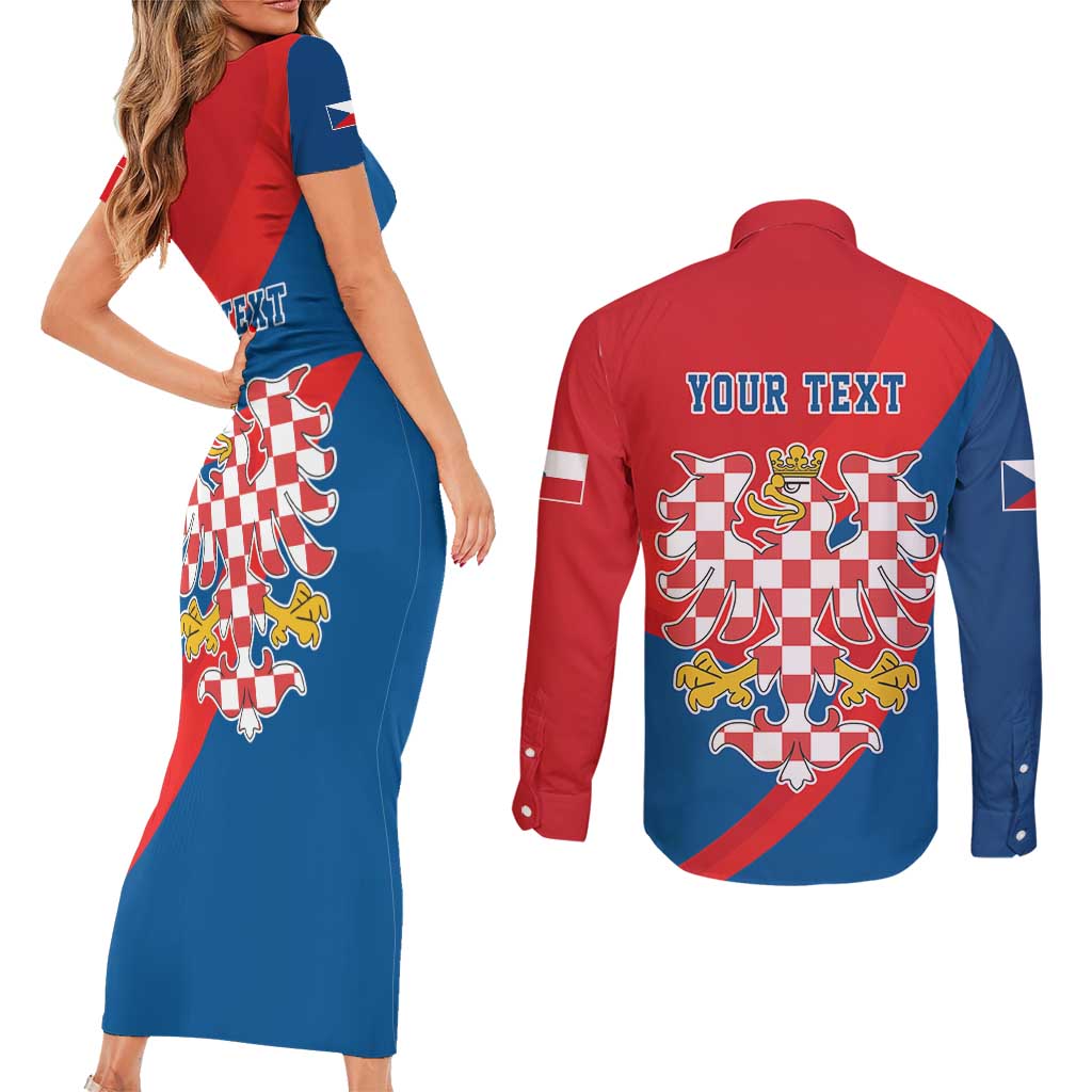 Personalized Coat of Arms of Moravia Couples Matching Short Sleeve Bodycon Dress and Long Sleeve Button Shirt Gold-crowned White Red Checkered Eagle