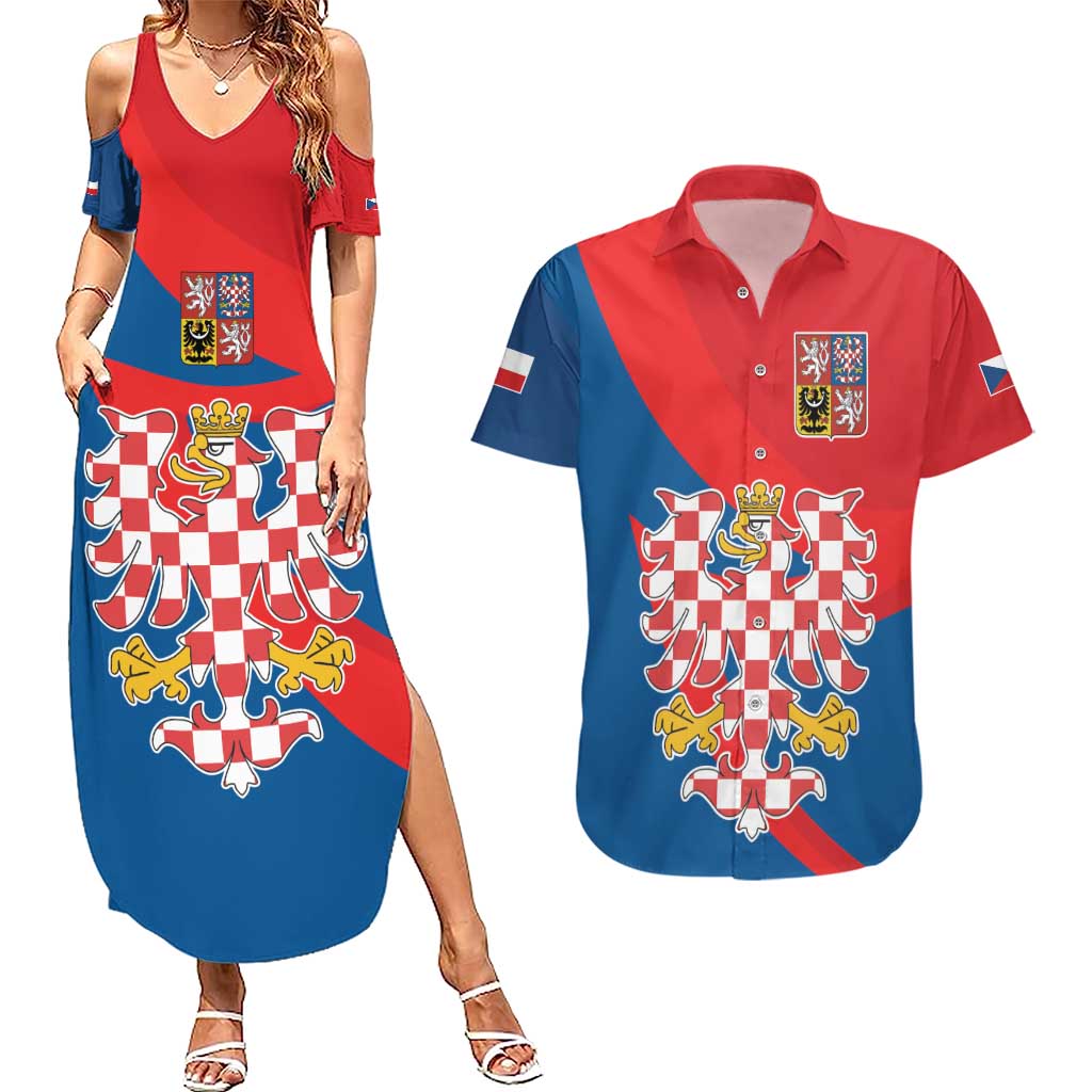 Personalized Coat of Arms of Moravia Couples Matching Summer Maxi Dress and Hawaiian Shirt Gold-crowned White Red Checkered Eagle