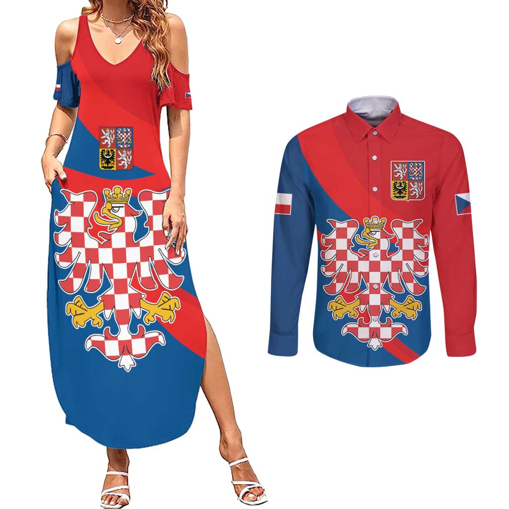 Personalized Coat of Arms of Moravia Couples Matching Summer Maxi Dress and Long Sleeve Button Shirt Gold-crowned White Red Checkered Eagle