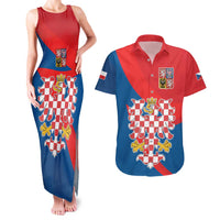 Personalized Coat of Arms of Moravia Couples Matching Tank Maxi Dress and Hawaiian Shirt Gold-crowned White Red Checkered Eagle