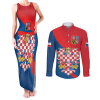 Personalized Coat of Arms of Moravia Couples Matching Tank Maxi Dress and Long Sleeve Button Shirt Gold-crowned White Red Checkered Eagle