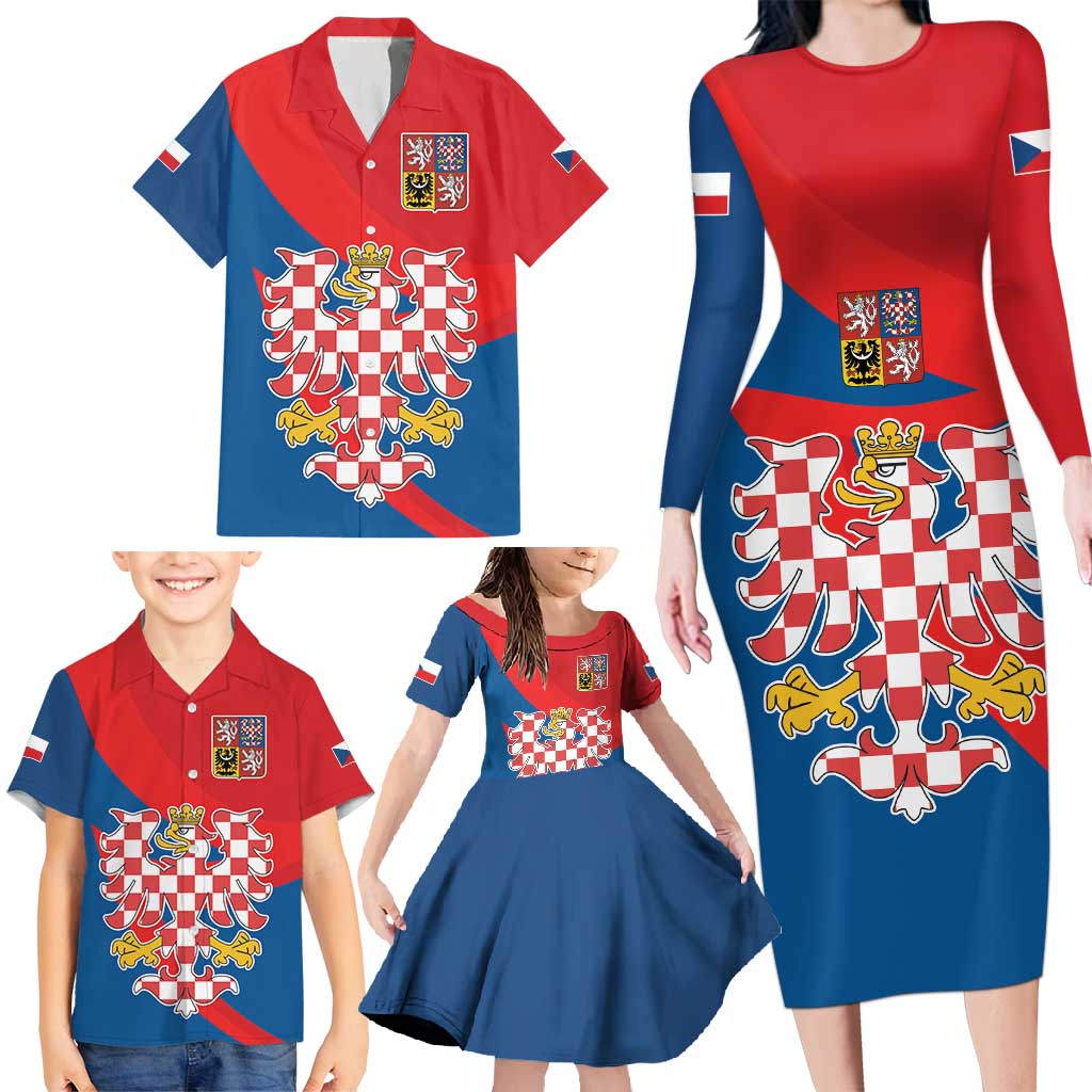 Personalized Coat of Arms of Moravia Family Matching Long Sleeve Bodycon Dress and Hawaiian Shirt Gold-crowned White Red Checkered Eagle