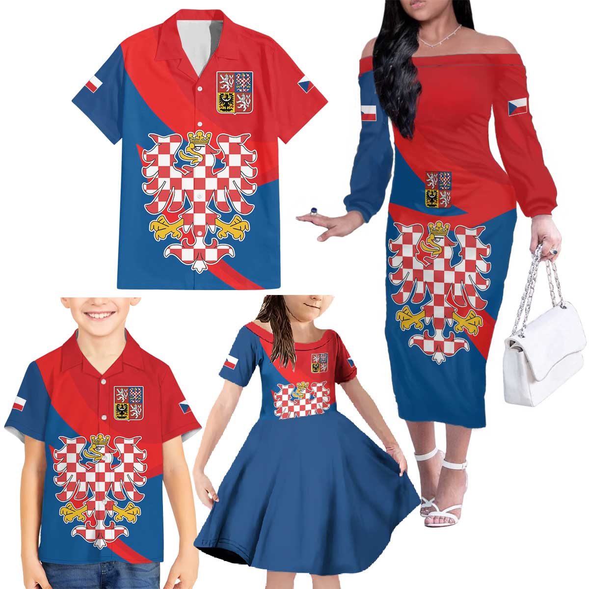 Personalized Coat of Arms of Moravia Family Matching Off The Shoulder Long Sleeve Dress and Hawaiian Shirt Gold-crowned White Red Checkered Eagle