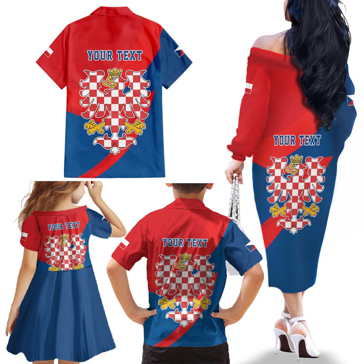 Personalized Coat of Arms of Moravia Family Matching Off The Shoulder Long Sleeve Dress and Hawaiian Shirt Gold-crowned White Red Checkered Eagle