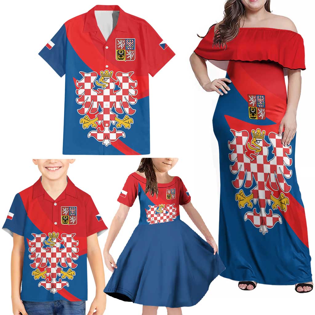 Personalized Coat of Arms of Moravia Family Matching Off Shoulder Maxi Dress and Hawaiian Shirt Gold-crowned White Red Checkered Eagle