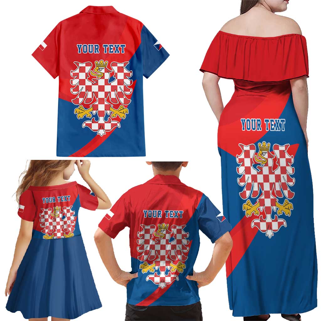 Personalized Coat of Arms of Moravia Family Matching Off Shoulder Maxi Dress and Hawaiian Shirt Gold-crowned White Red Checkered Eagle