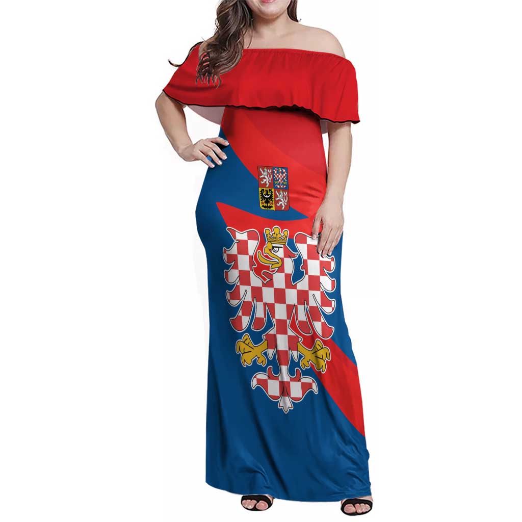 Personalized Coat of Arms of Moravia Family Matching Off Shoulder Maxi Dress and Hawaiian Shirt Gold-crowned White Red Checkered Eagle