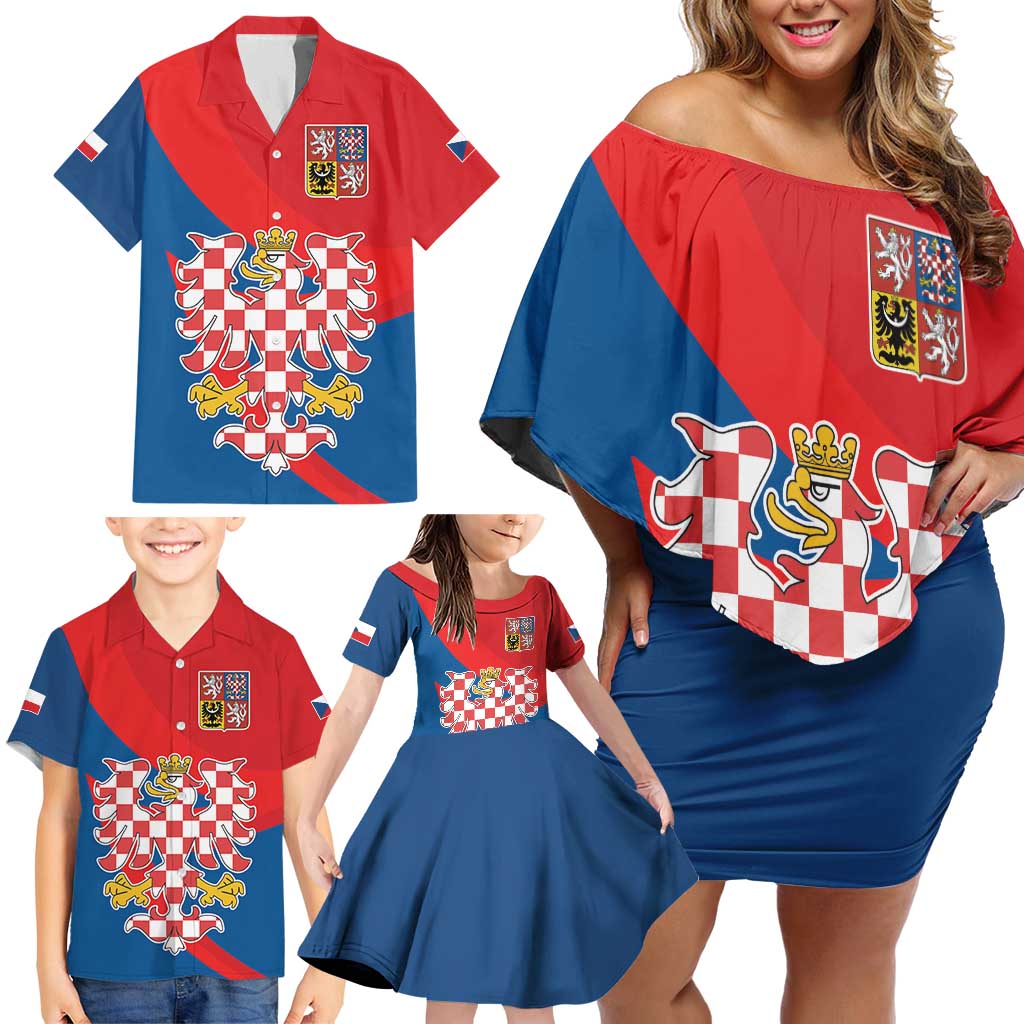 Personalized Coat of Arms of Moravia Family Matching Off Shoulder Short Dress and Hawaiian Shirt Gold-crowned White Red Checkered Eagle
