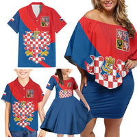 Personalized Coat of Arms of Moravia Family Matching Off Shoulder Short Dress and Hawaiian Shirt Gold-crowned White Red Checkered Eagle