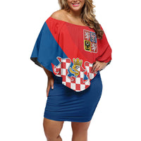 Personalized Coat of Arms of Moravia Family Matching Off Shoulder Short Dress and Hawaiian Shirt Gold-crowned White Red Checkered Eagle