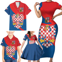 Personalized Coat of Arms of Moravia Family Matching Short Sleeve Bodycon Dress and Hawaiian Shirt Gold-crowned White Red Checkered Eagle