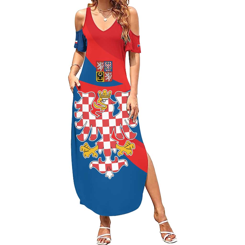 Personalized Coat of Arms of Moravia Family Matching Summer Maxi Dress and Hawaiian Shirt Gold-crowned White Red Checkered Eagle