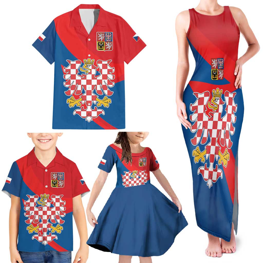 Personalized Coat of Arms of Moravia Family Matching Tank Maxi Dress and Hawaiian Shirt Gold-crowned White Red Checkered Eagle