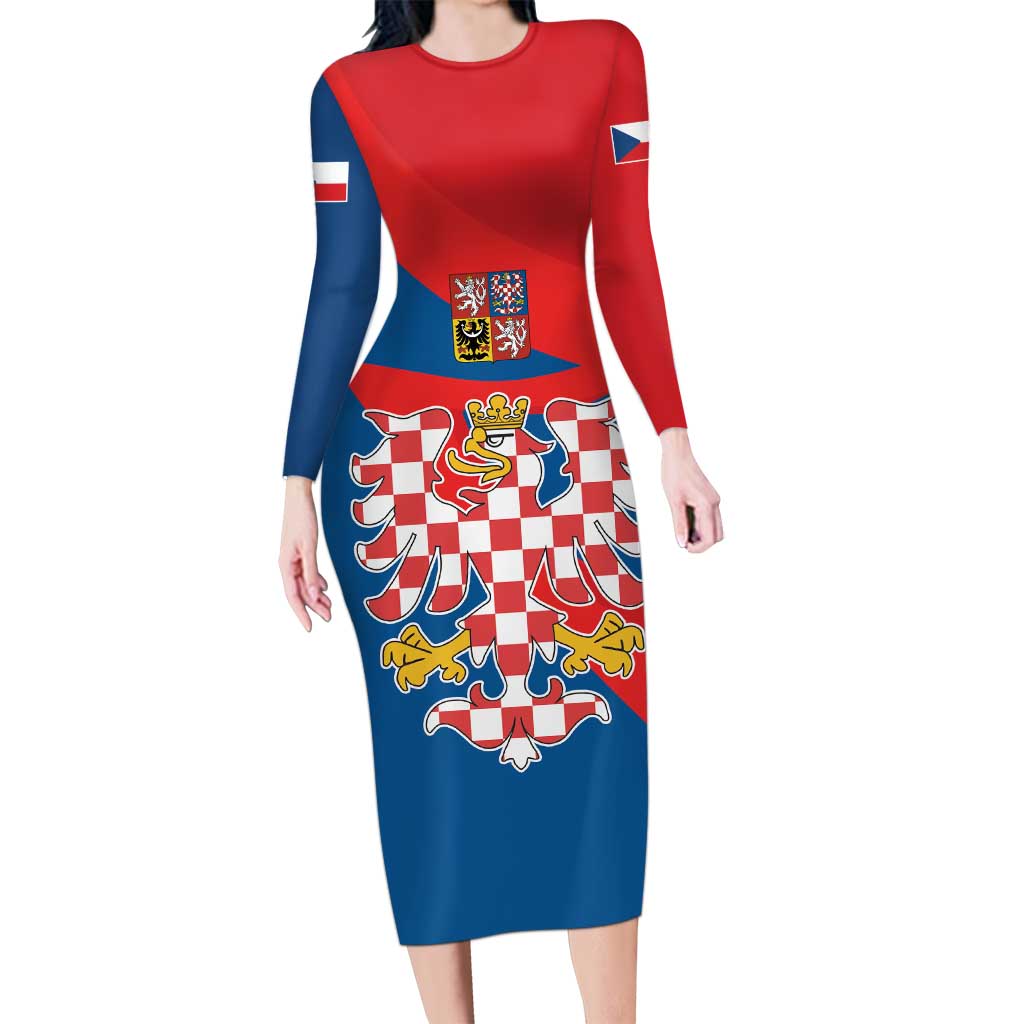 Personalized Coat of Arms of Moravia Long Sleeve Bodycon Dress Gold-crowned White Red Checkered Eagle