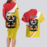 Personalized Coat of Arms of Silesia Couples Matching Long Sleeve Bodycon Dress and Hawaiian Shirt Black Eagle with Silver Crescent