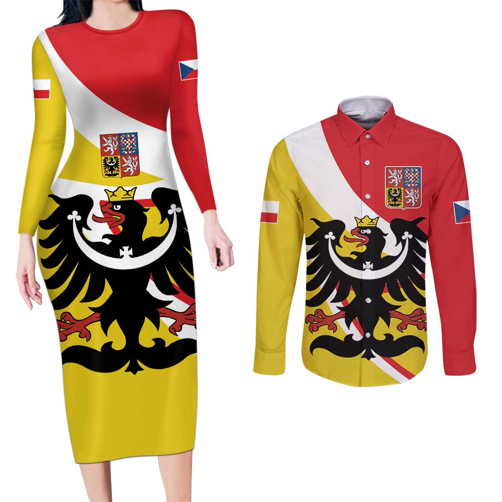 Personalized Coat of Arms of Silesia Couples Matching Long Sleeve Bodycon Dress and Long Sleeve Button Shirt Black Eagle with Silver Crescent