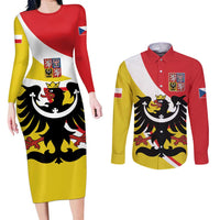 Personalized Coat of Arms of Silesia Couples Matching Long Sleeve Bodycon Dress and Long Sleeve Button Shirt Black Eagle with Silver Crescent