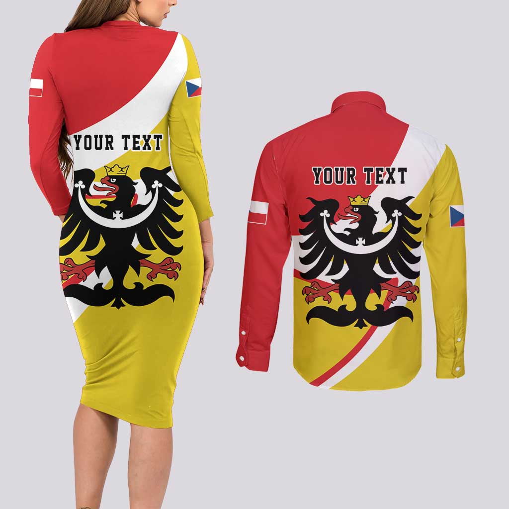 Personalized Coat of Arms of Silesia Couples Matching Long Sleeve Bodycon Dress and Long Sleeve Button Shirt Black Eagle with Silver Crescent