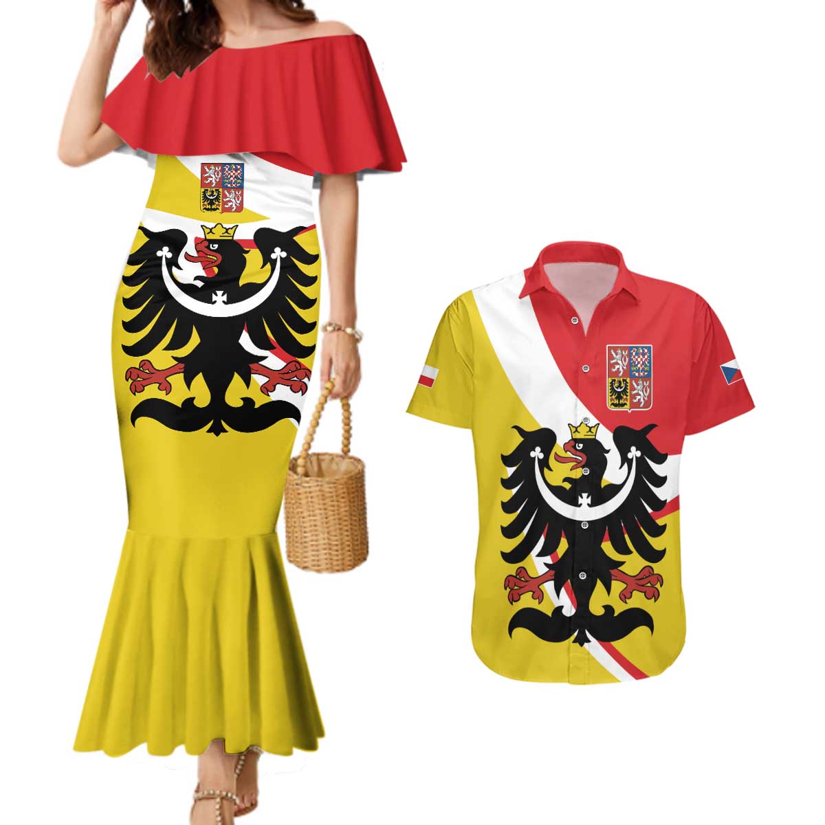 Personalized Coat of Arms of Silesia Couples Matching Mermaid Dress and Hawaiian Shirt Black Eagle with Silver Crescent