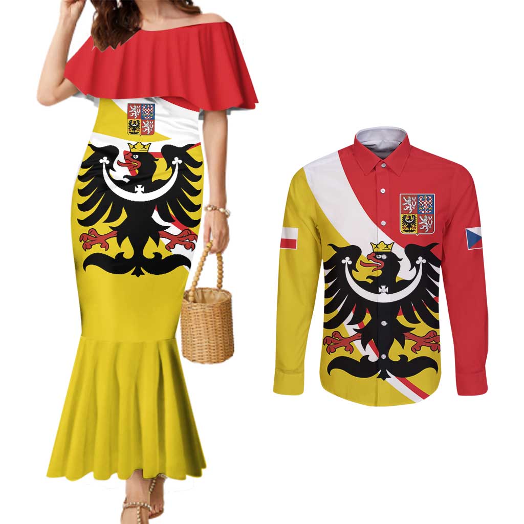 Personalized Coat of Arms of Silesia Couples Matching Mermaid Dress and Long Sleeve Button Shirt Black Eagle with Silver Crescent