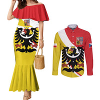 Personalized Coat of Arms of Silesia Couples Matching Mermaid Dress and Long Sleeve Button Shirt Black Eagle with Silver Crescent