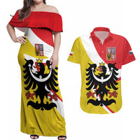Personalized Coat of Arms of Silesia Couples Matching Off Shoulder Maxi Dress and Hawaiian Shirt Black Eagle with Silver Crescent