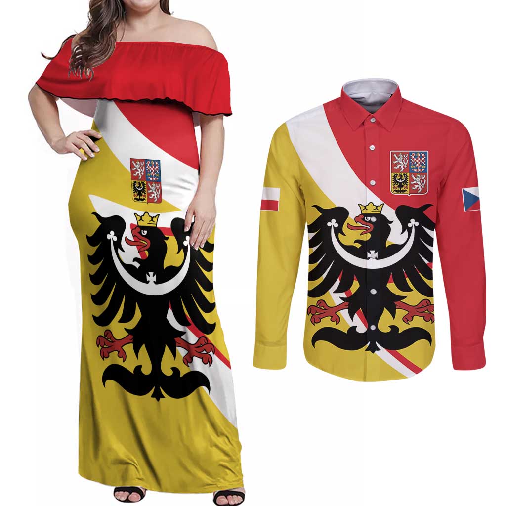 Personalized Coat of Arms of Silesia Couples Matching Off Shoulder Maxi Dress and Long Sleeve Button Shirt Black Eagle with Silver Crescent