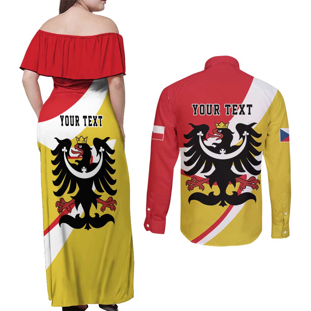 Personalized Coat of Arms of Silesia Couples Matching Off Shoulder Maxi Dress and Long Sleeve Button Shirt Black Eagle with Silver Crescent