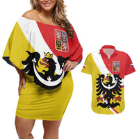 Personalized Coat of Arms of Silesia Couples Matching Off Shoulder Short Dress and Hawaiian Shirt Black Eagle with Silver Crescent