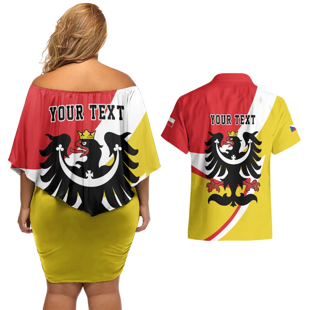 Personalized Coat of Arms of Silesia Couples Matching Off Shoulder Short Dress and Hawaiian Shirt Black Eagle with Silver Crescent