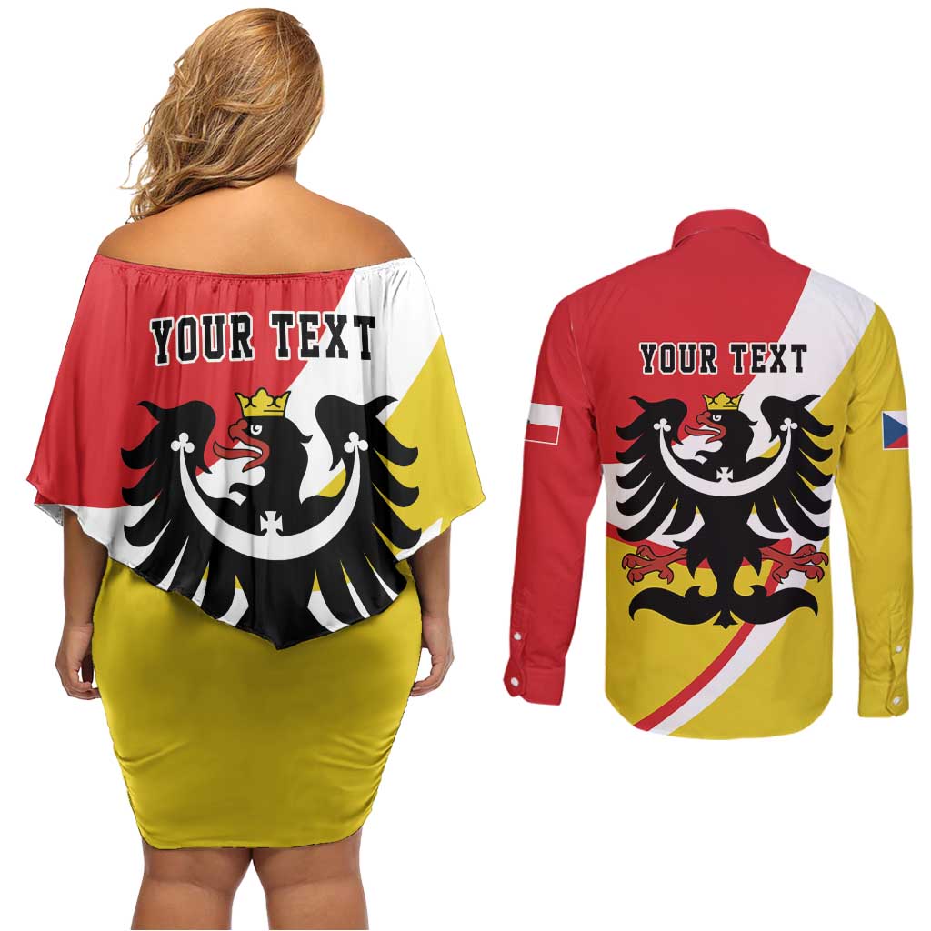 Personalized Coat of Arms of Silesia Couples Matching Off Shoulder Short Dress and Long Sleeve Button Shirt Black Eagle with Silver Crescent