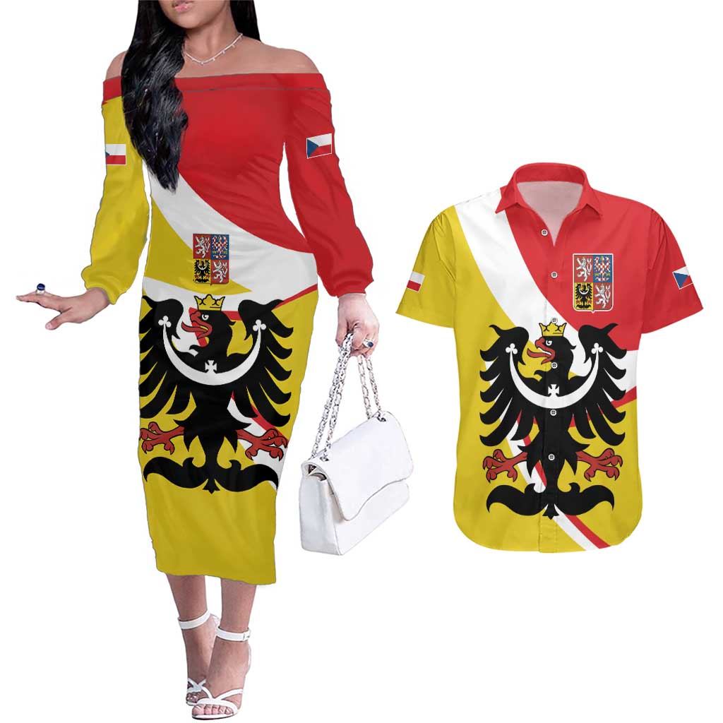 Personalized Coat of Arms of Silesia Couples Matching Off The Shoulder Long Sleeve Dress and Hawaiian Shirt Black Eagle with Silver Crescent