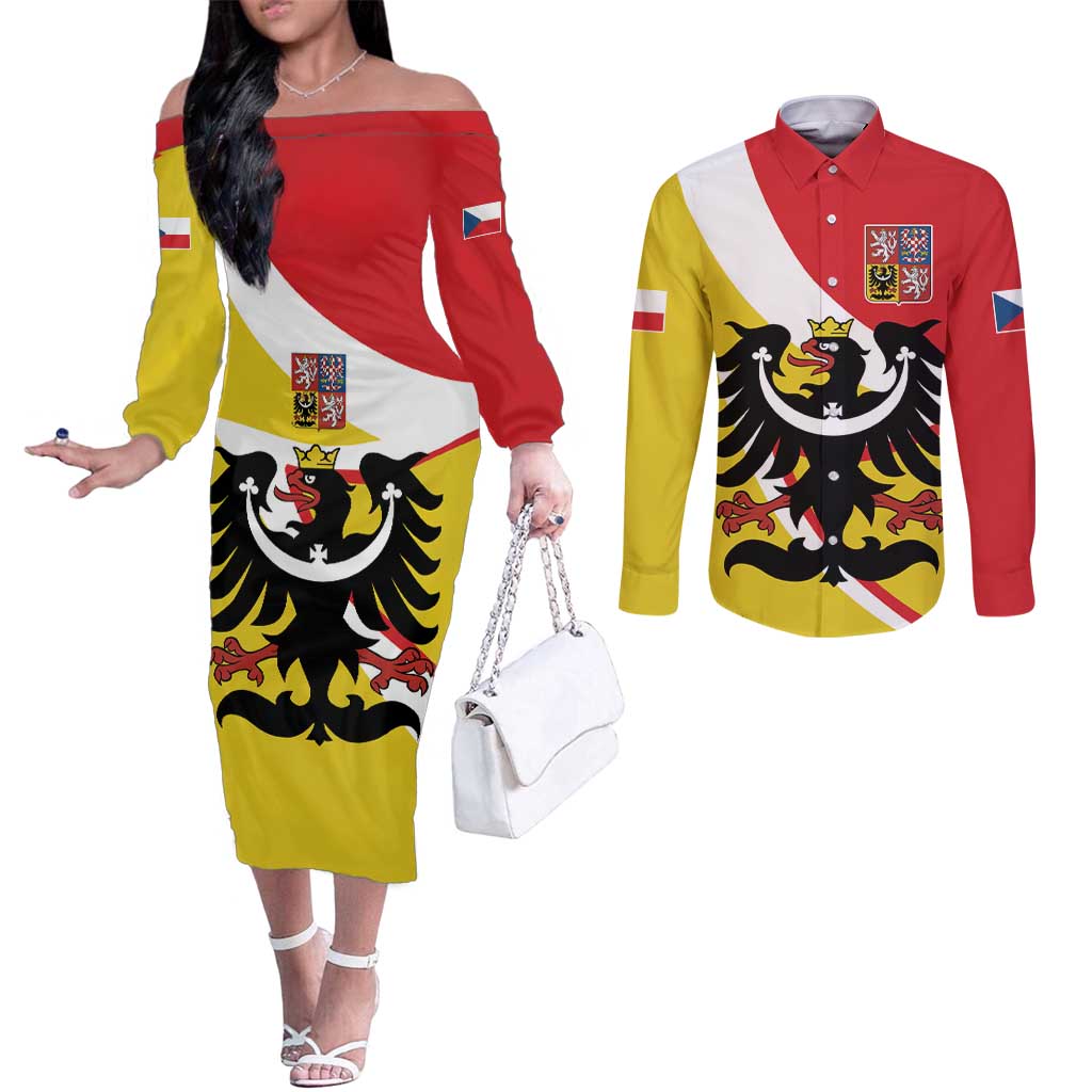 Personalized Coat of Arms of Silesia Couples Matching Off The Shoulder Long Sleeve Dress and Long Sleeve Button Shirt Black Eagle with Silver Crescent