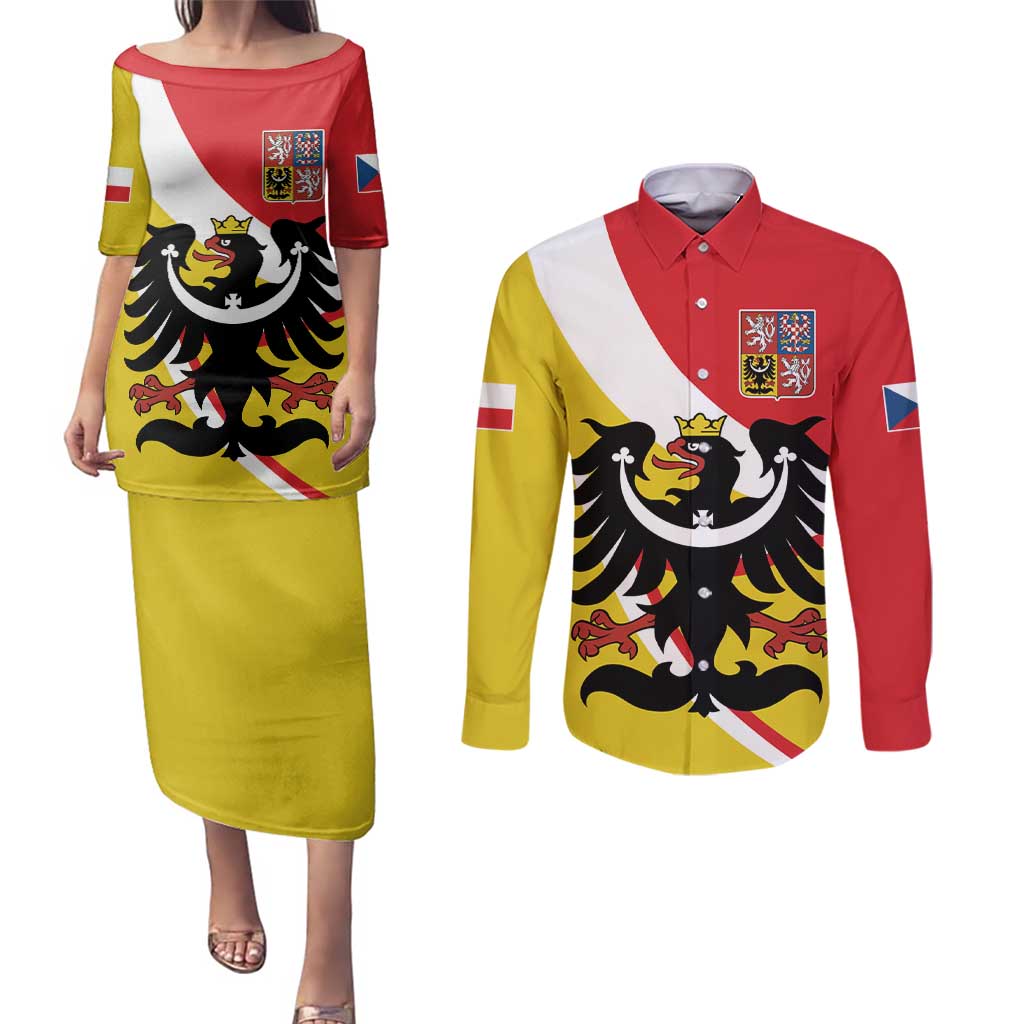 Personalized Coat of Arms of Silesia Couples Matching Puletasi and Long Sleeve Button Shirt Black Eagle with Silver Crescent