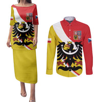 Personalized Coat of Arms of Silesia Couples Matching Puletasi and Long Sleeve Button Shirt Black Eagle with Silver Crescent