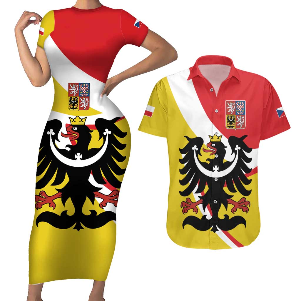 Personalized Coat of Arms of Silesia Couples Matching Short Sleeve Bodycon Dress and Hawaiian Shirt Black Eagle with Silver Crescent
