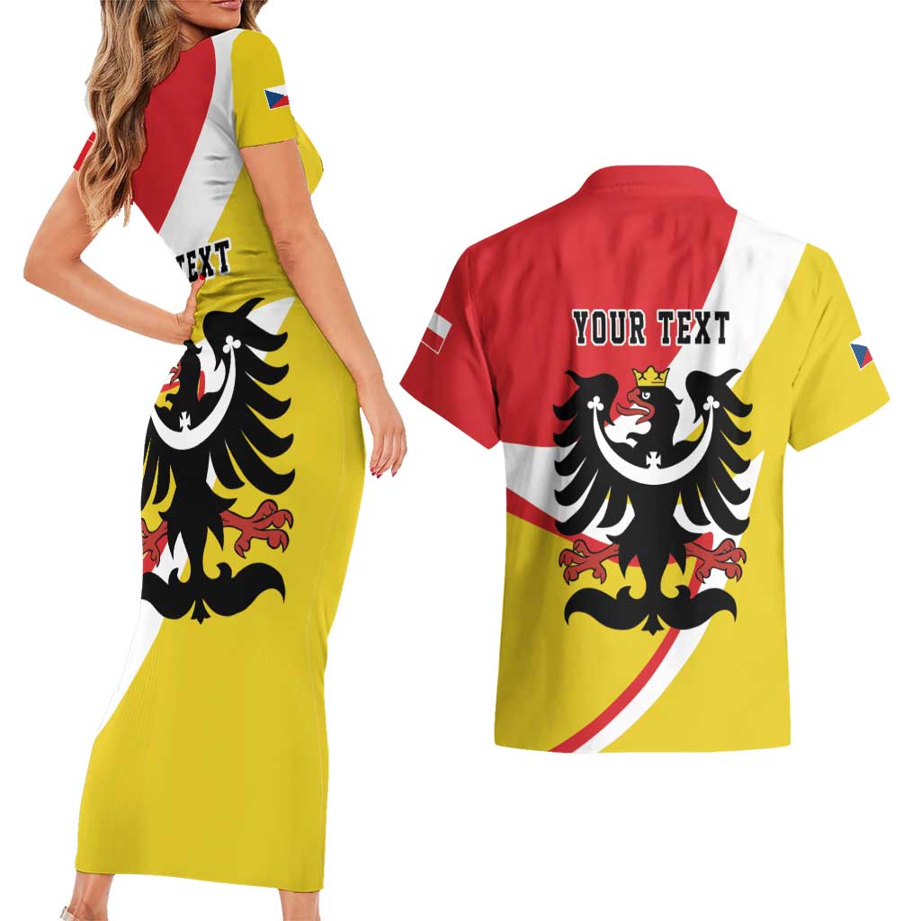 Personalized Coat of Arms of Silesia Couples Matching Short Sleeve Bodycon Dress and Hawaiian Shirt Black Eagle with Silver Crescent