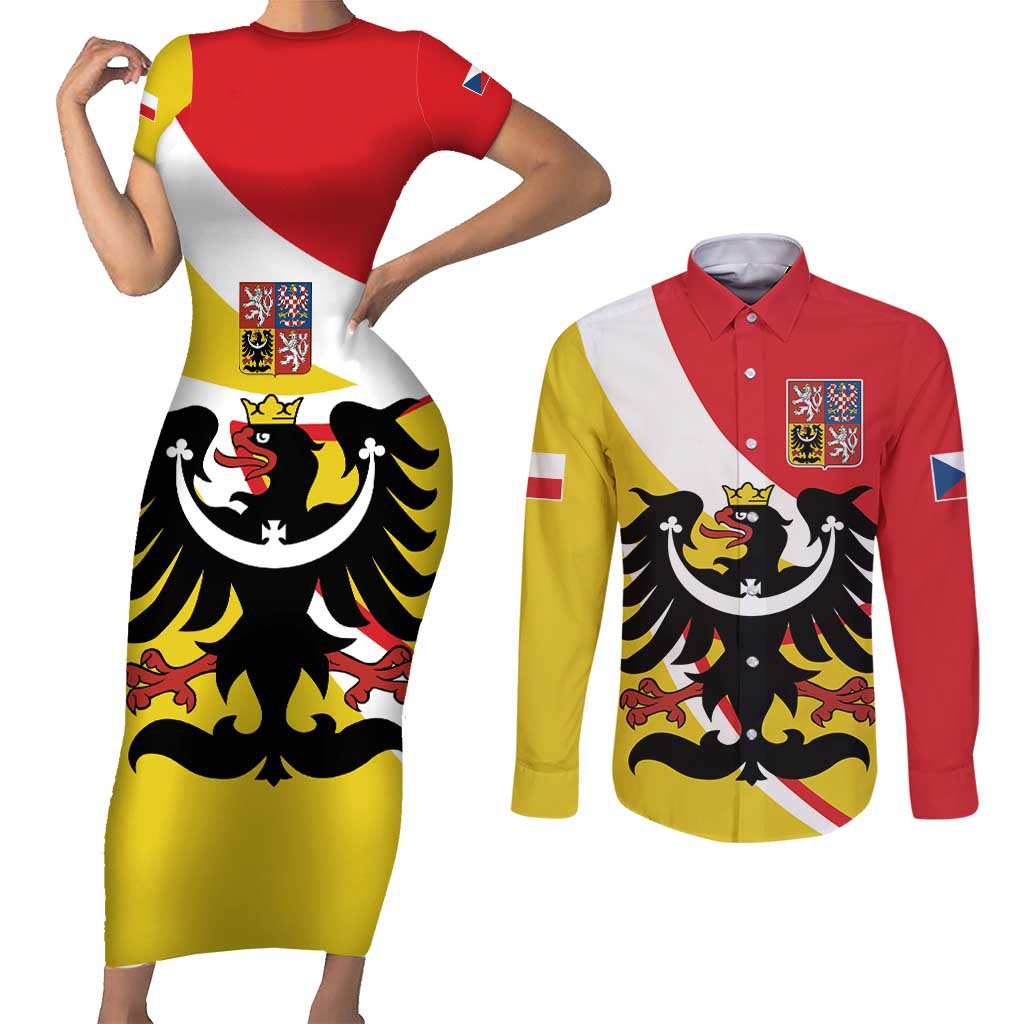 Personalized Coat of Arms of Silesia Couples Matching Short Sleeve Bodycon Dress and Long Sleeve Button Shirt Black Eagle with Silver Crescent