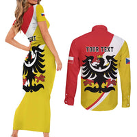 Personalized Coat of Arms of Silesia Couples Matching Short Sleeve Bodycon Dress and Long Sleeve Button Shirt Black Eagle with Silver Crescent