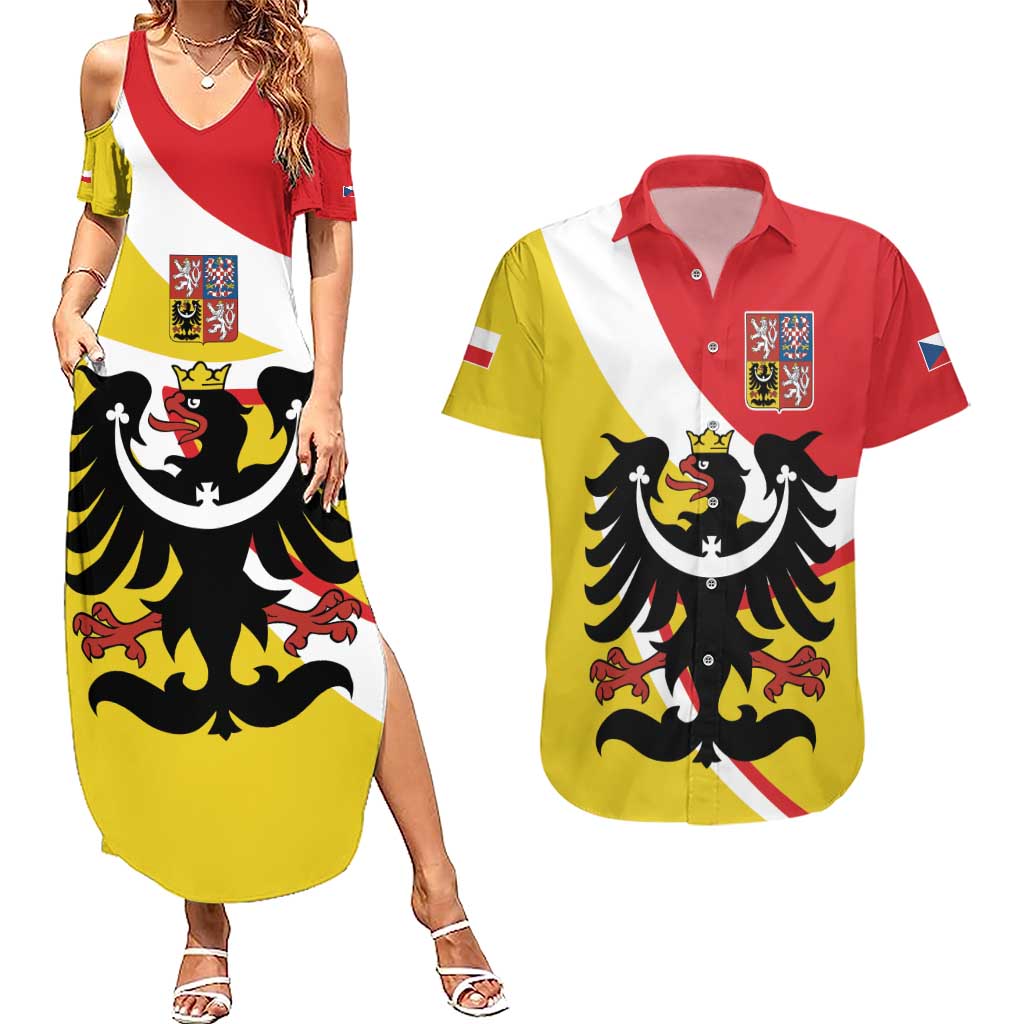 Personalized Coat of Arms of Silesia Couples Matching Summer Maxi Dress and Hawaiian Shirt Black Eagle with Silver Crescent
