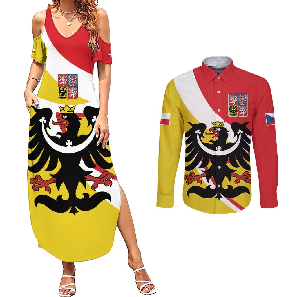 Personalized Coat of Arms of Silesia Couples Matching Summer Maxi Dress and Long Sleeve Button Shirt Black Eagle with Silver Crescent